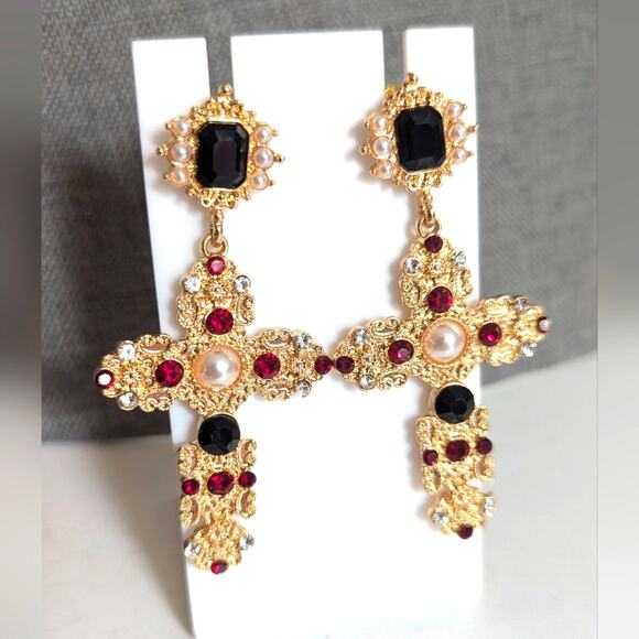 Gold Tone Cross Christian Pearl Rhinestone Regal Dangle Drop Post Stud Earrings - Picture 1 of 4